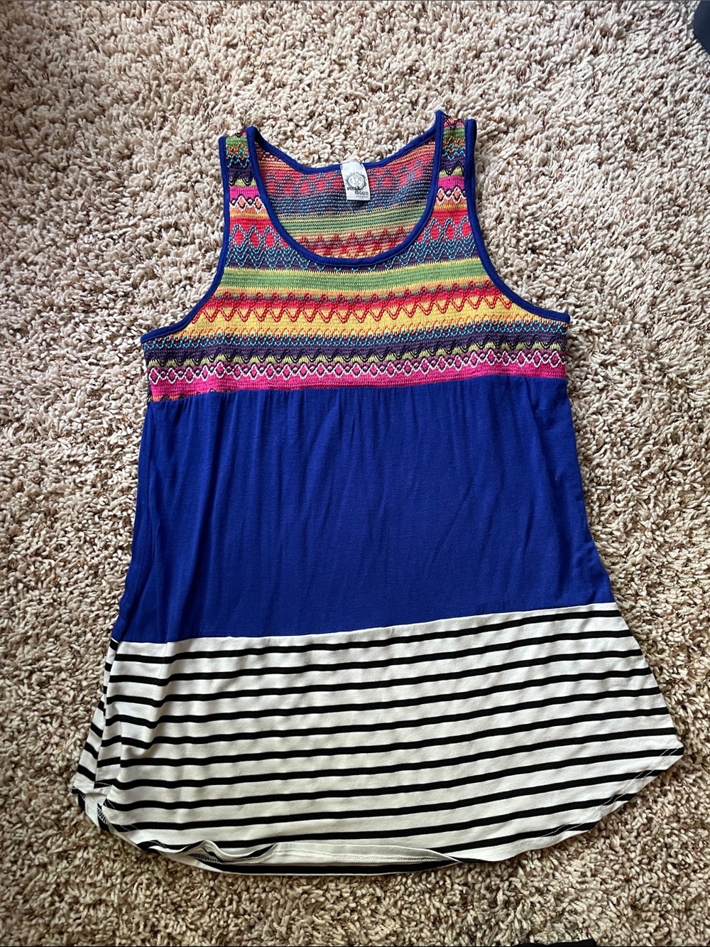 Boho Colorblock Tank Top with Striped Hem - Blue